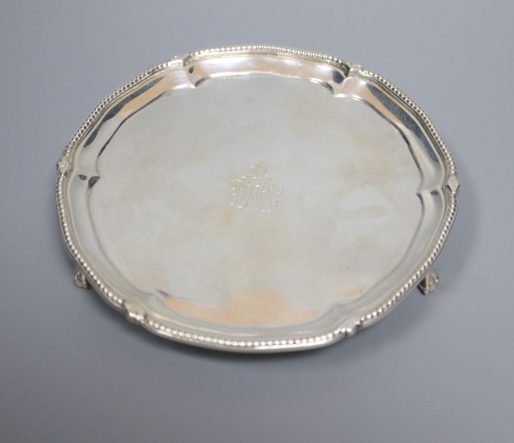 A George III silver waiter by Samuel Wood, London, 1781, with later engraved monogram, 15.5cm, 7oz.